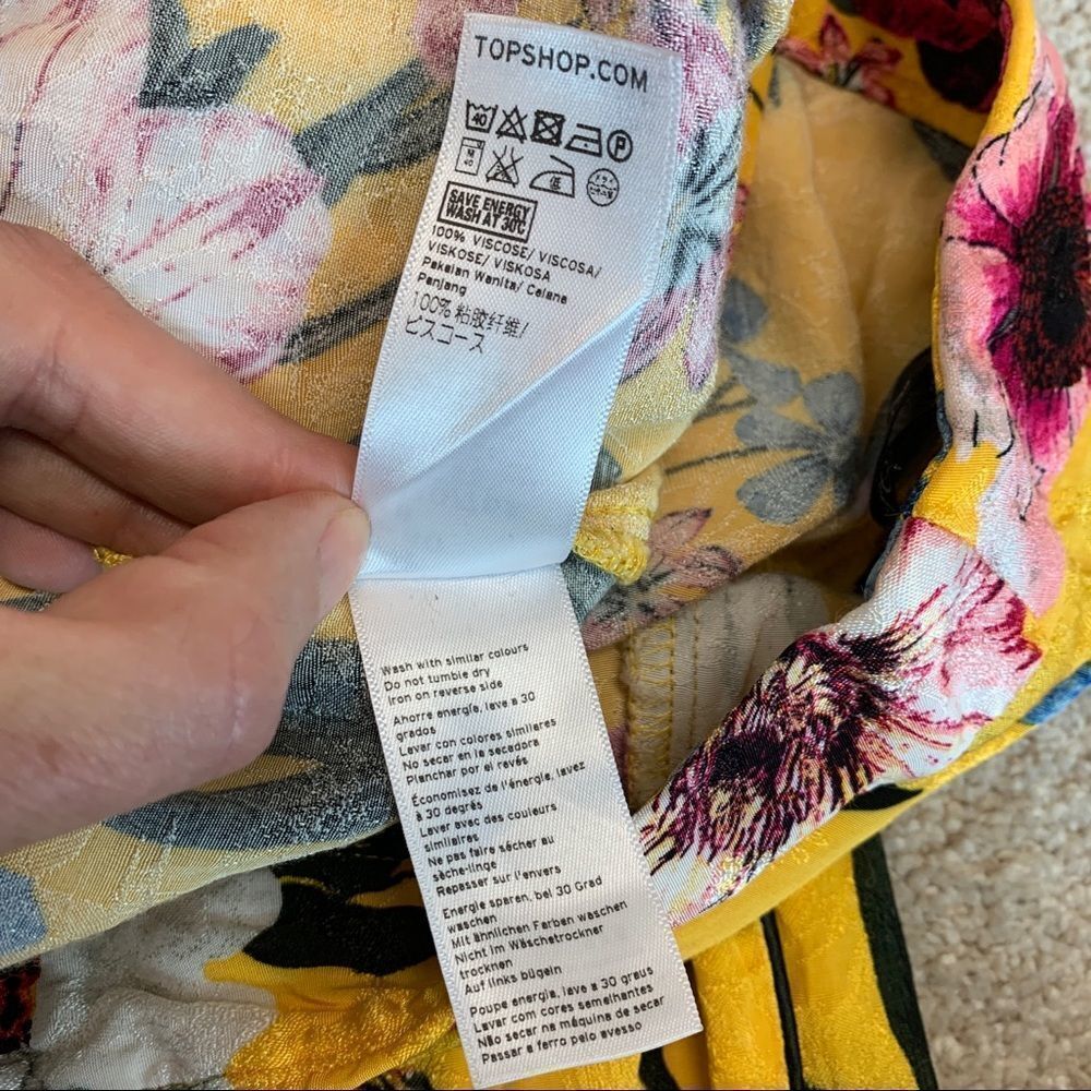 TOPSHOP Asian Oriental yellow floral flower print wide leg trousers belted Sz 8 - Picture 11 of 16